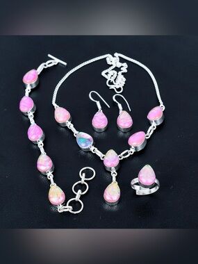 Pink Teardrop Opal Jewelry Set - Necklace Earrings Bracelet Ring